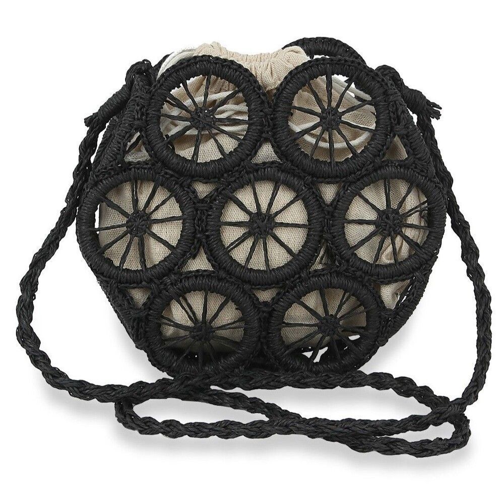 Women Petite Black Straw Design Bag Summer Beach Weave Shoulder Bag Rattan